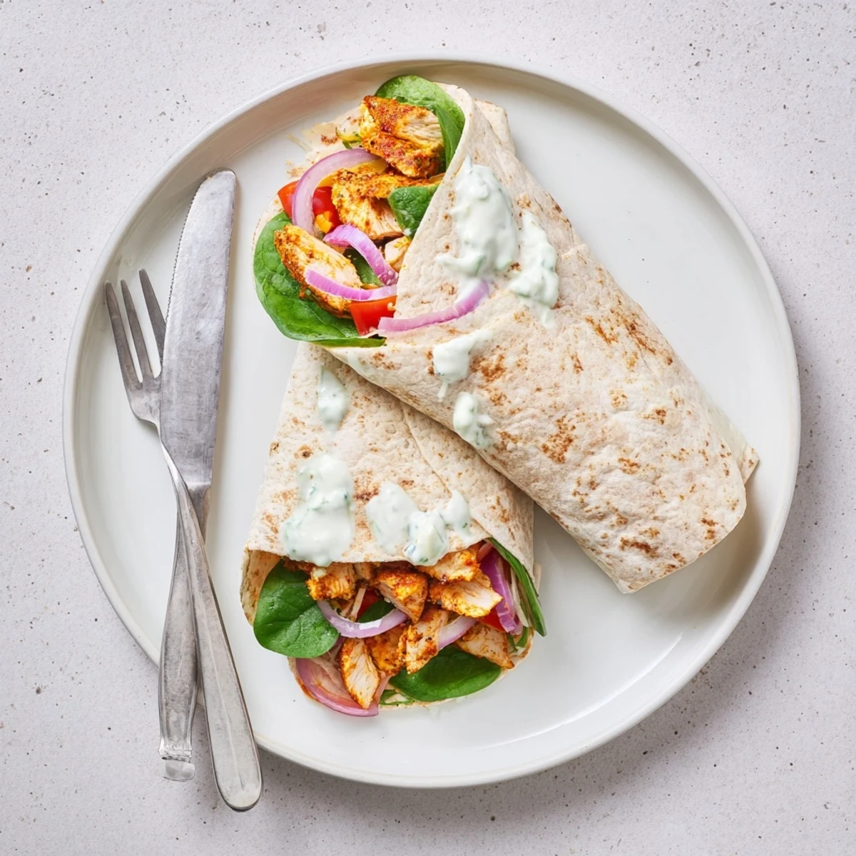 Sliced low carb cheesy garlic chicken wraps revealing tender spiced chicken and spinach