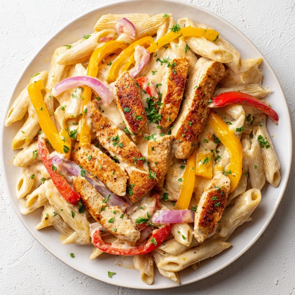 Creamy Cajun chicken pasta tossed with colorful bell peppers in a rich spicy sauce.