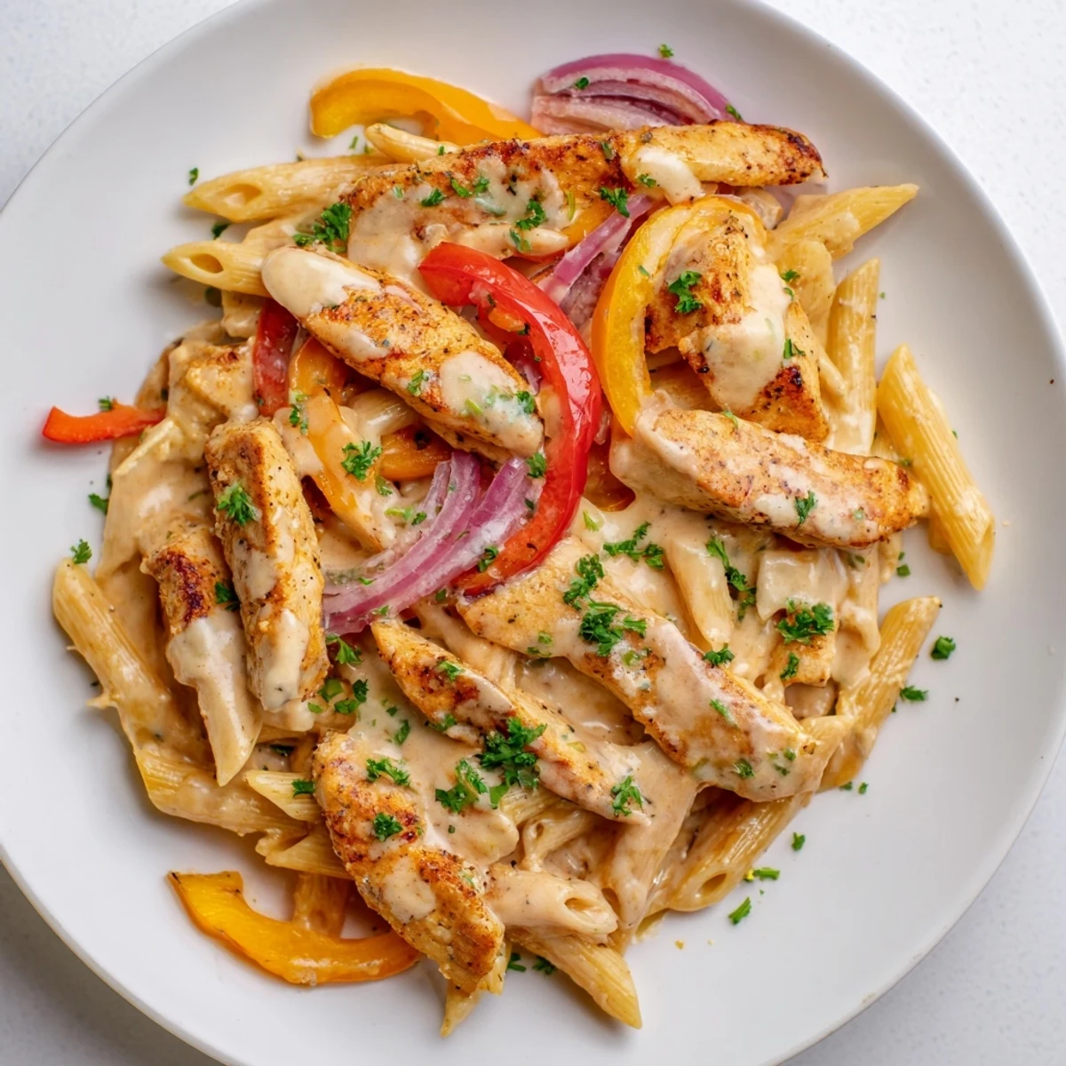 Savory Cajun chicken pasta dish featuring tender strips coated in thick Parmesan cream sauce.