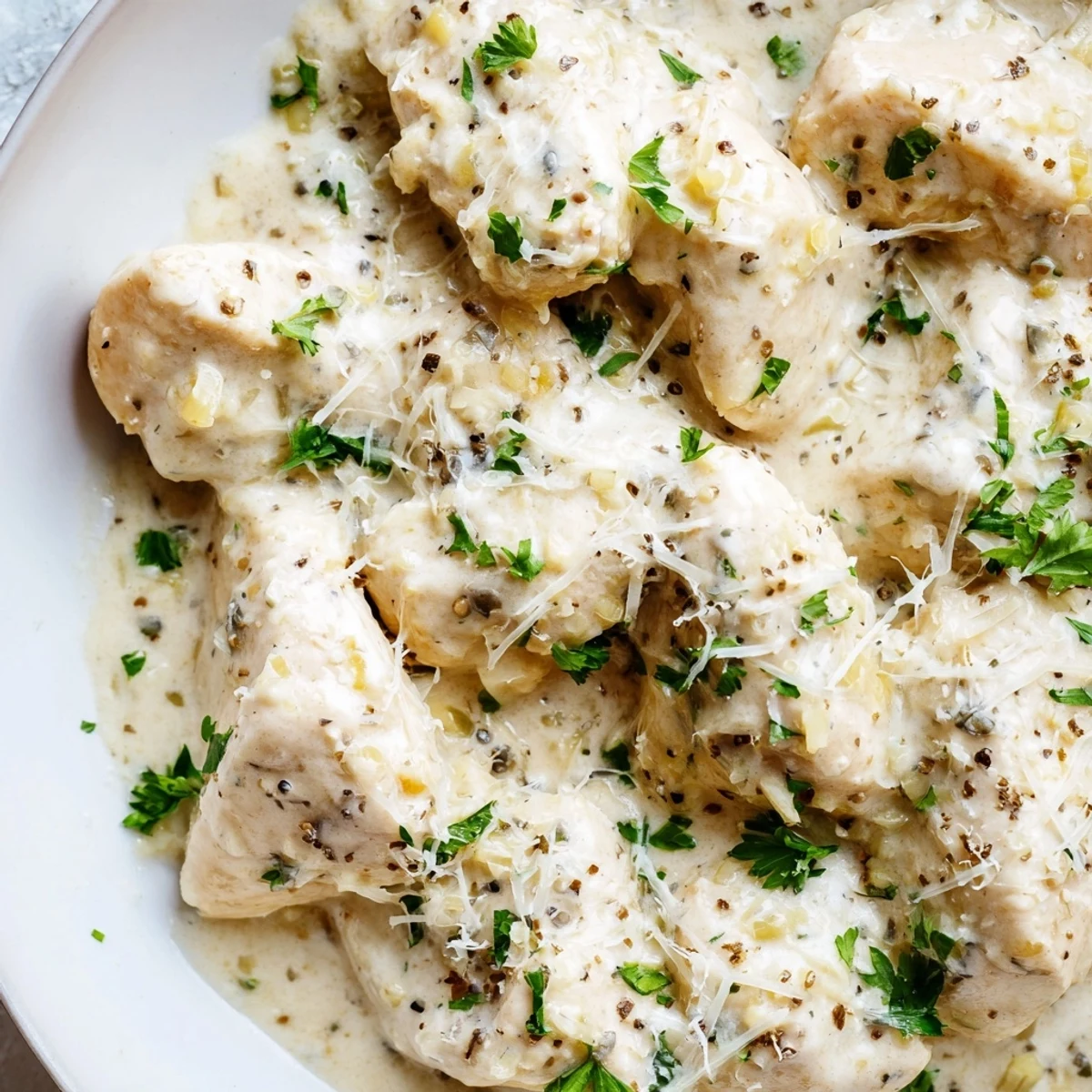 Golden Crockpot Creamy Garlic Parmesan Chicken with parsley garnish on a white plate
