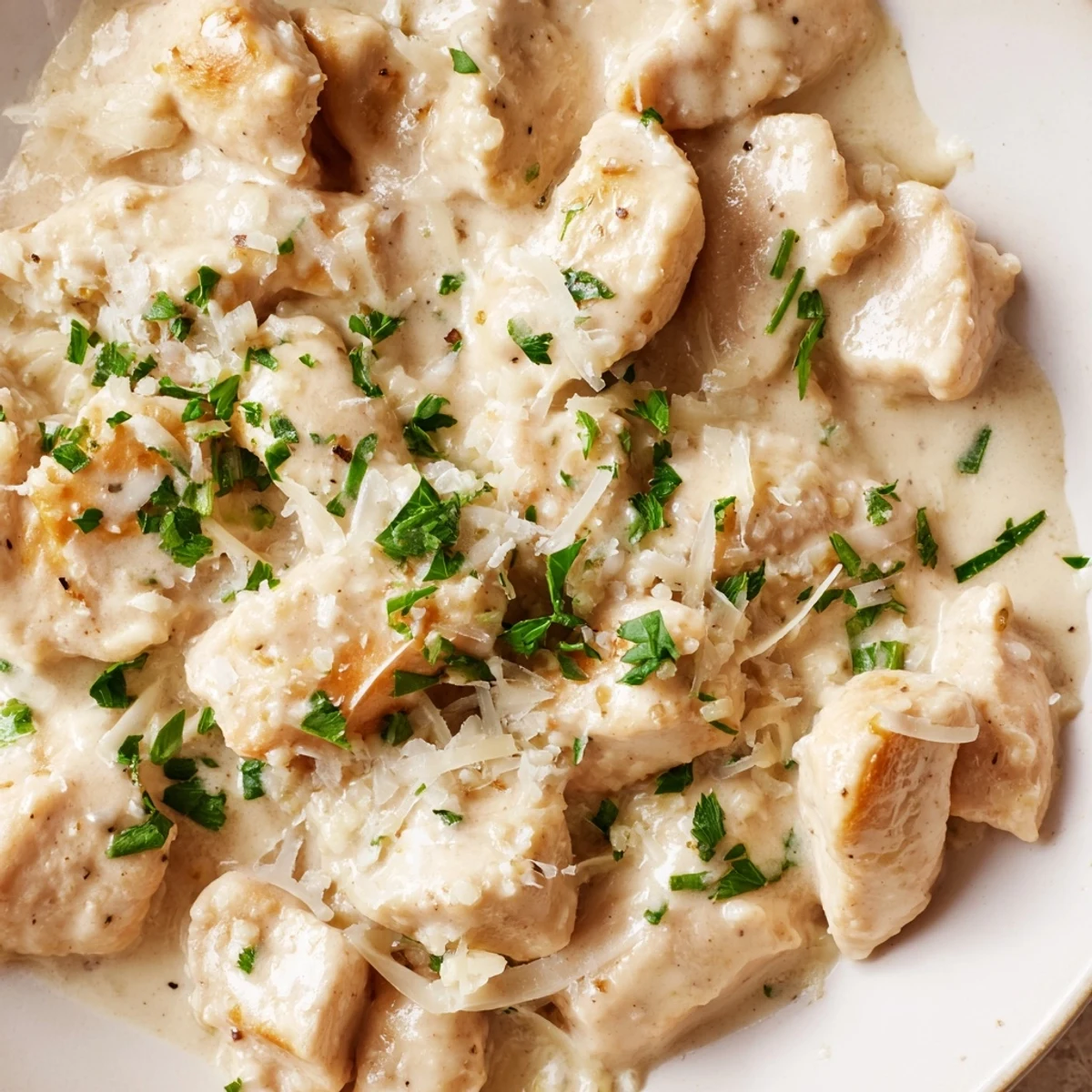 Tender slow-cooked chicken breasts swimming in a rich, velvety garlic Parmesan cream sauce