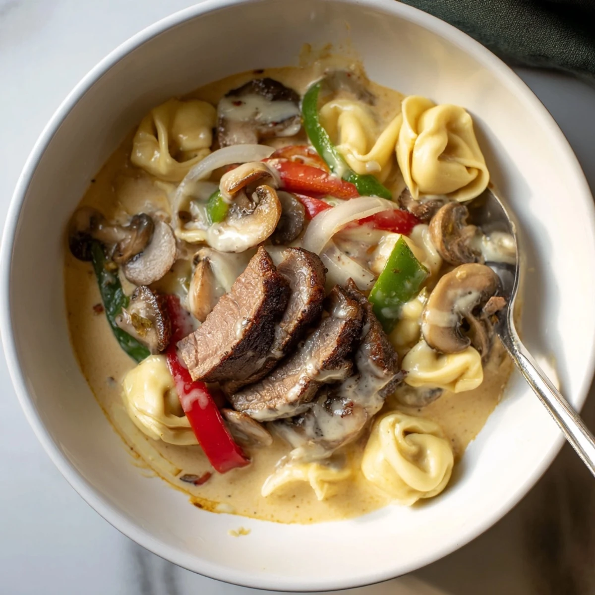 Slow cooker cheesesteak tortellini bubbling with rich cream sauce, savory steak, and cheesy tortellini pasta