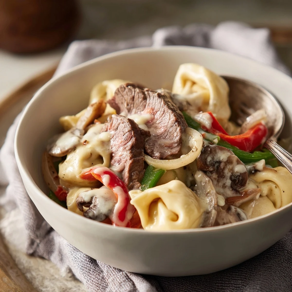 Creamy Crock Pot cheesesteak tortellini loaded with tender beef slices, melted provolone, and colorful bell peppers