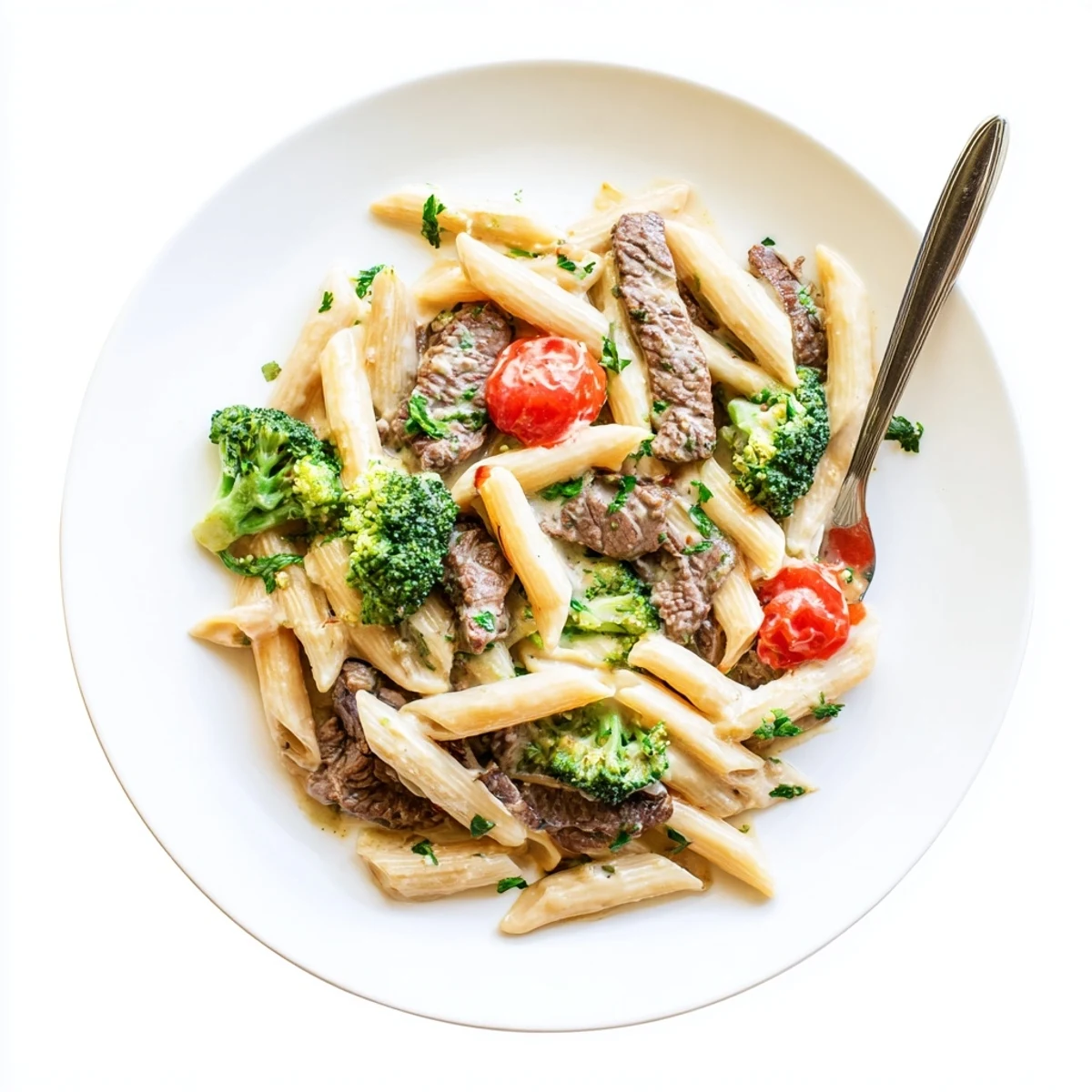 Golden penne pasta tossed with sliced steak, broccoli florets, and cherry tomatoes in rich creamy garlic sauce