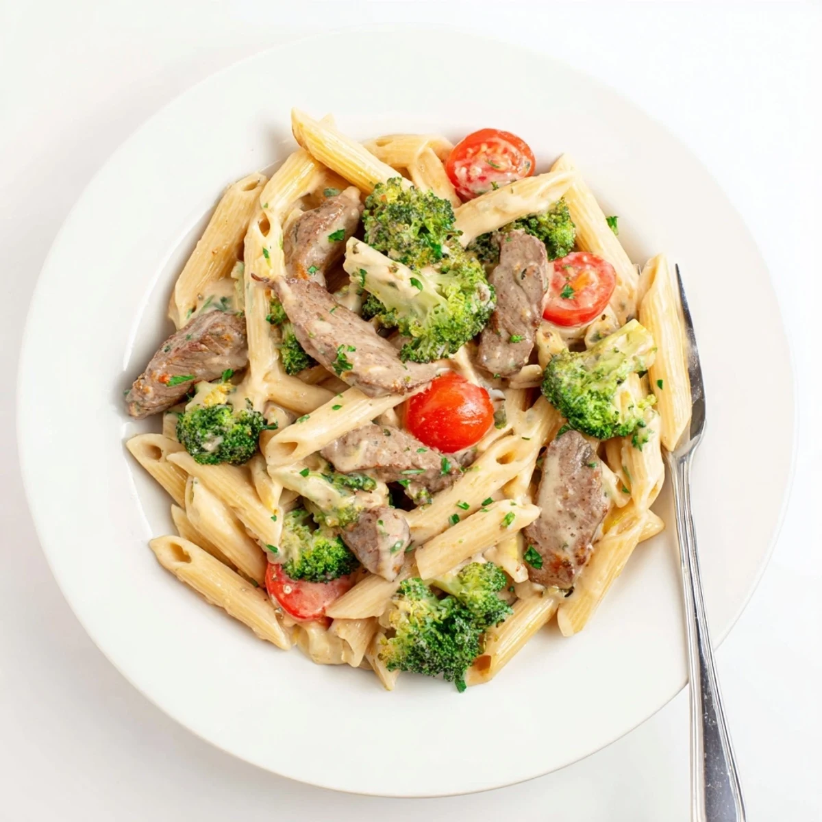 Steak penne with broccoli and cherry tomatoes coated in a velvety white garlic sauce garnished with fresh parsley
