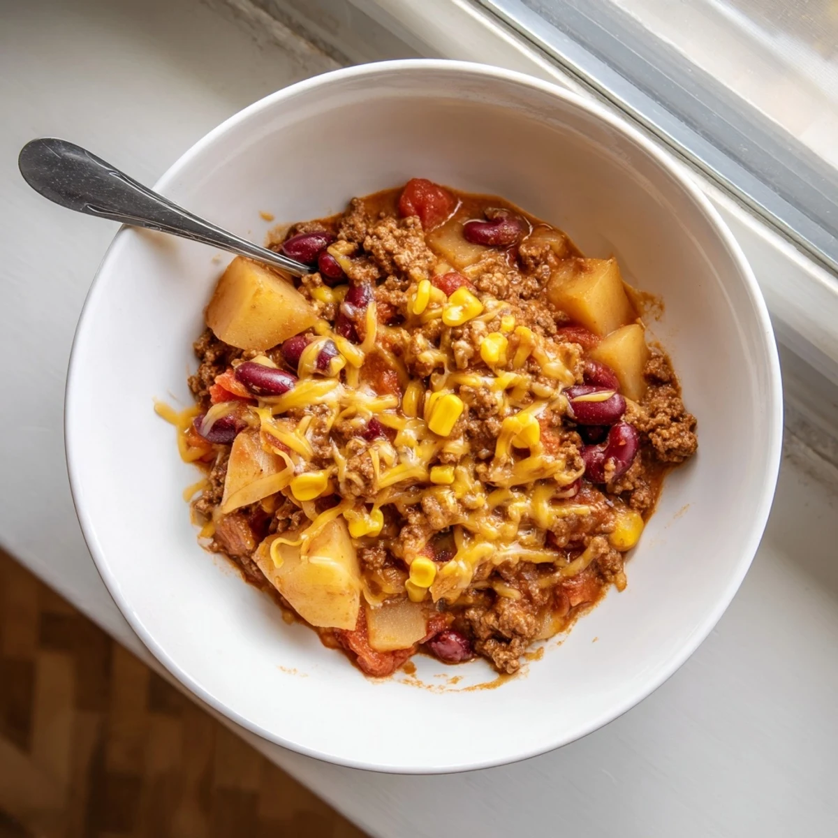 Slow cooker cowboy casserole with melted cheddar cheese, tender potatoes, and hearty beef