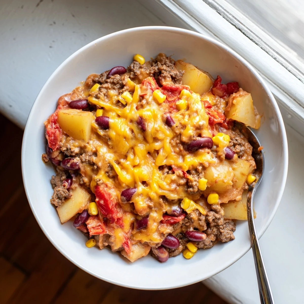 Savory cowboy casserole featuring ground beef, beans, corn, and golden melted cheese topping