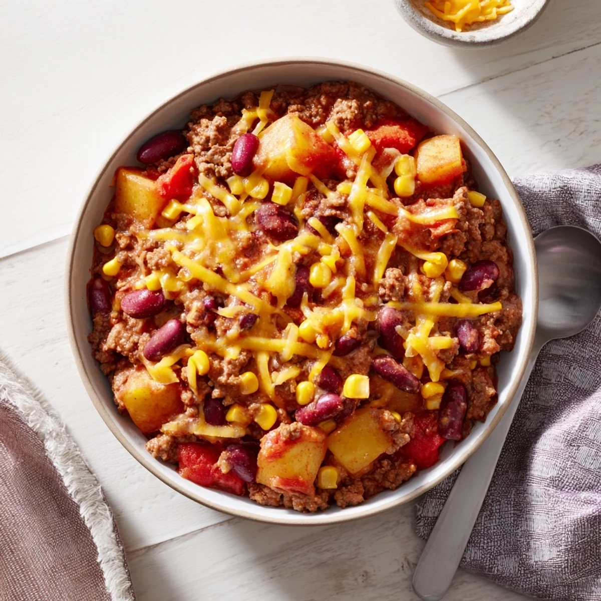 Hearty slow cooker cowboy casserole bowl layered with potatoes, corn, and rich tomato sauce