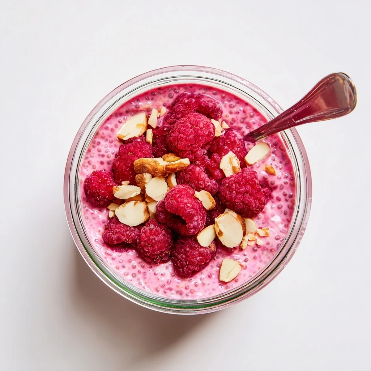 Vegan raspberry chia pudding layered with fresh fruit and chopped nuts for breakfast