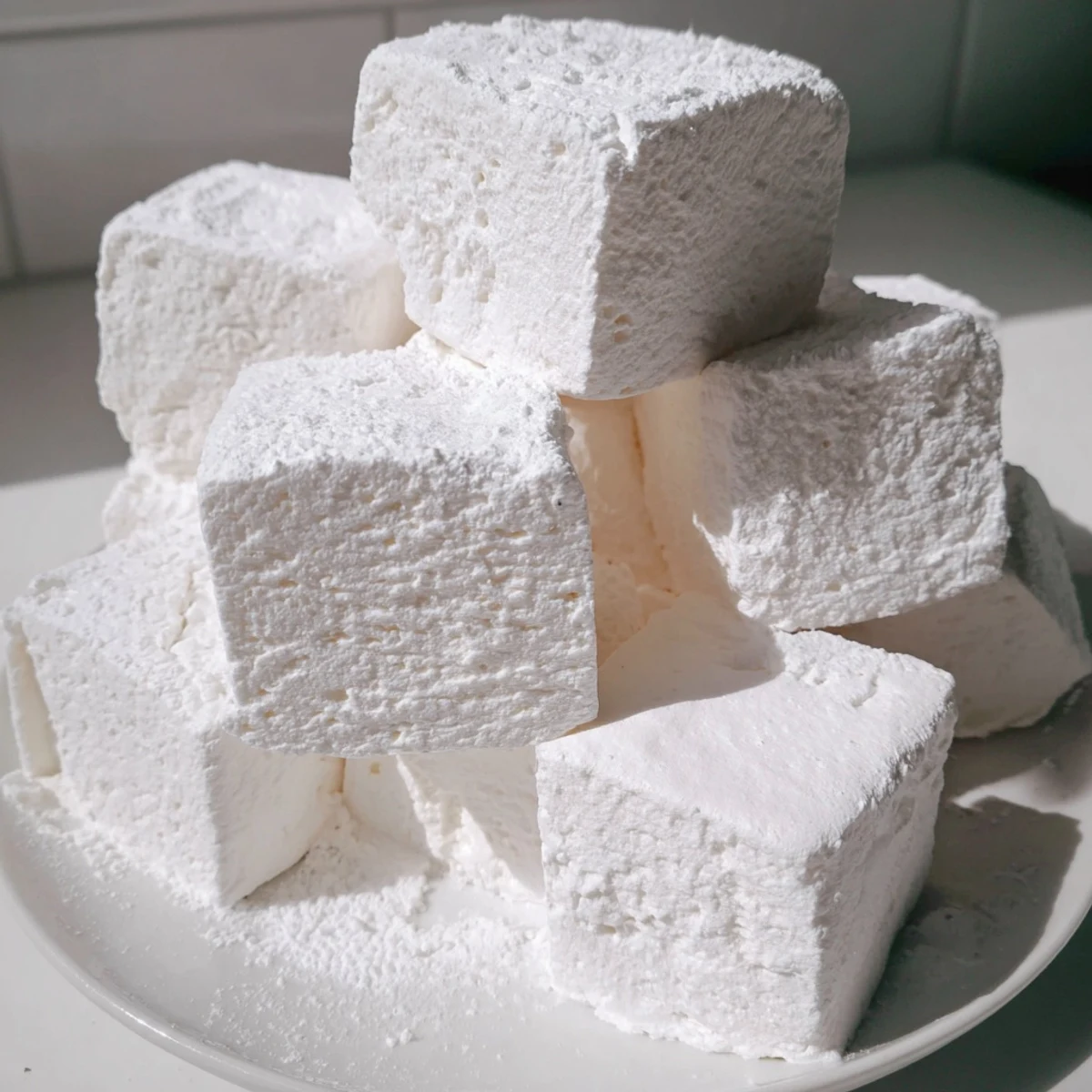 Soft pillowy homemade marshmallow recipe with fluffy white squares dusted in powdered sugar