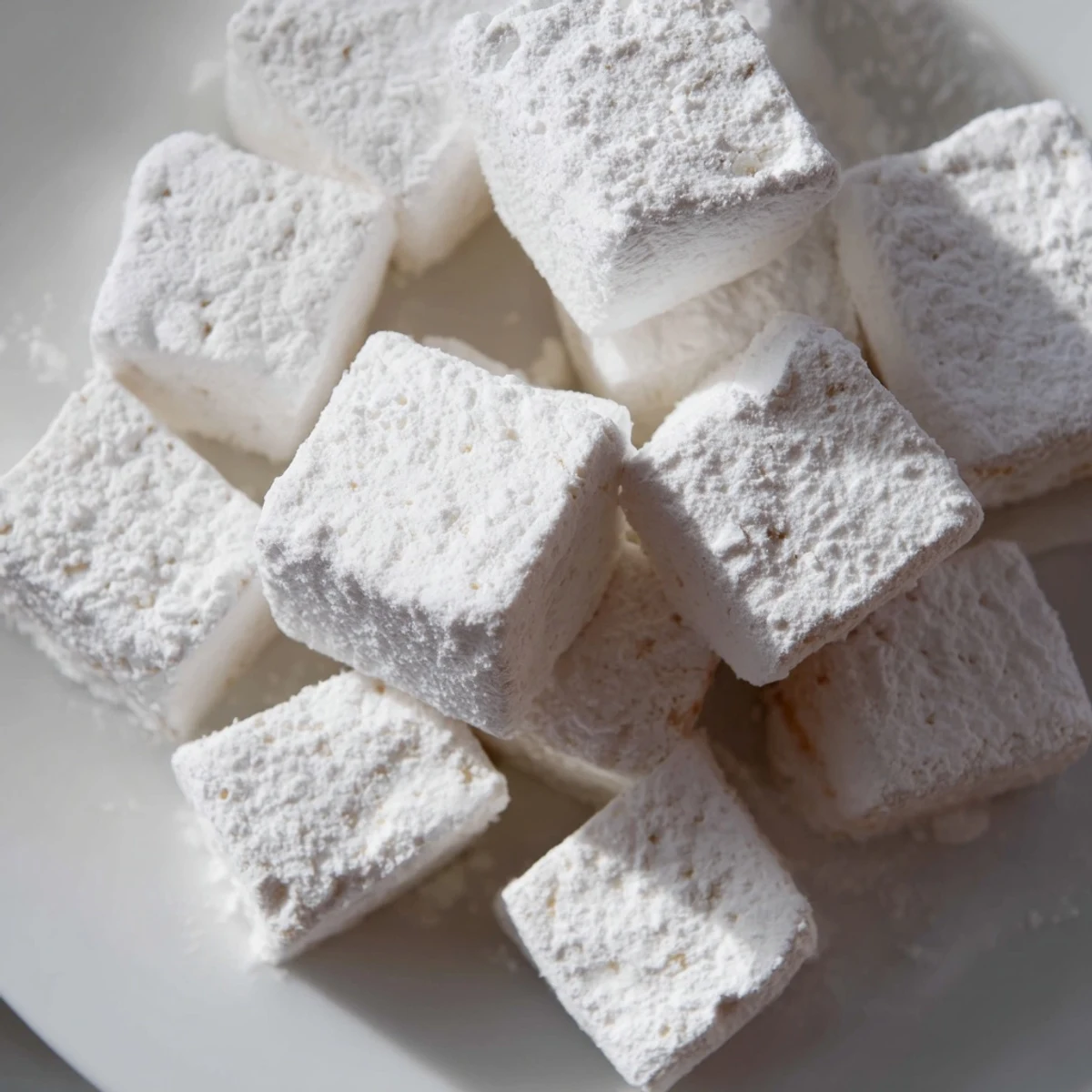 Fluffy homemade marshmallow recipe pieces coated in white confectioners sugar ready for snacking