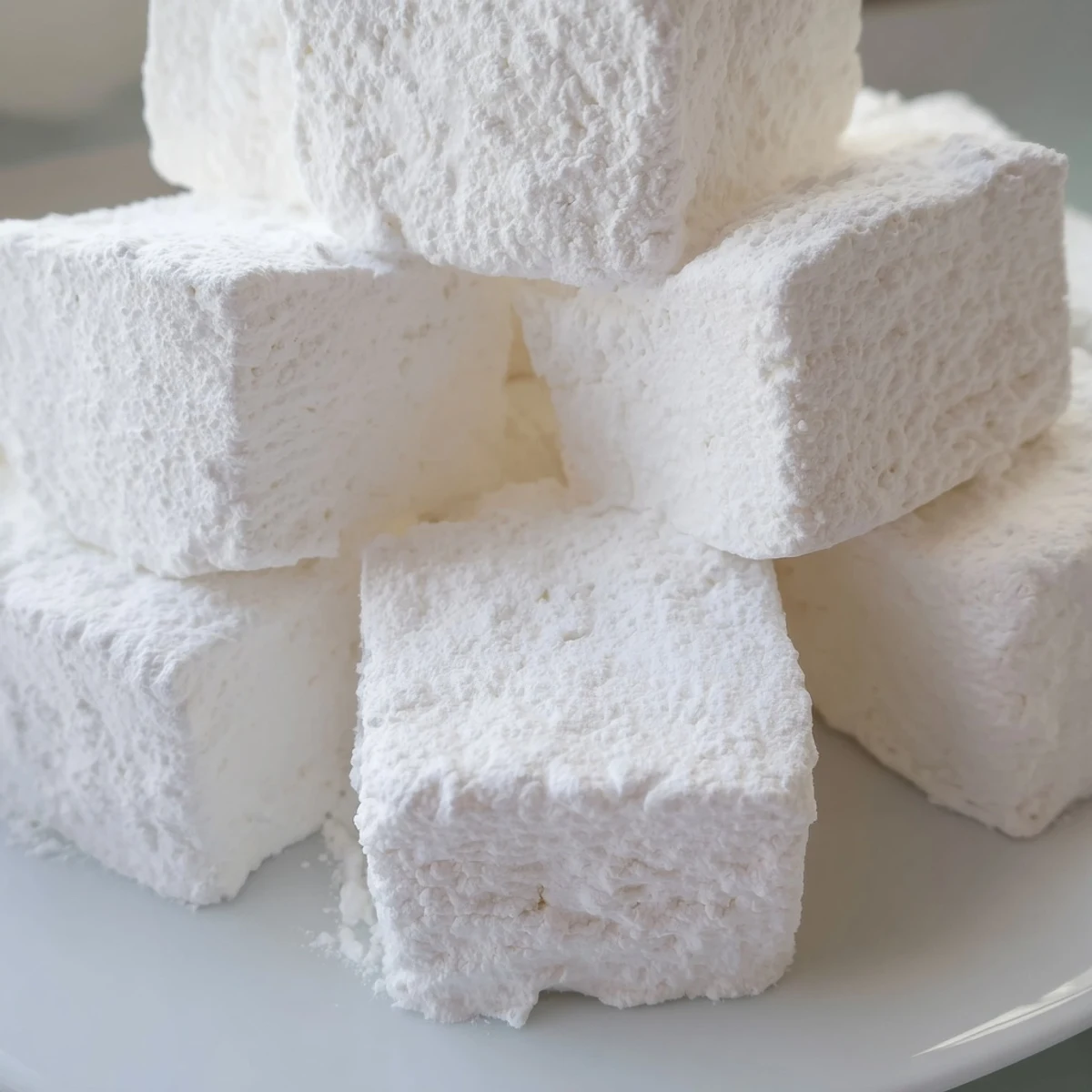 White vanilla marshmallow recipe freshly cut into squares on a wooden cutting board