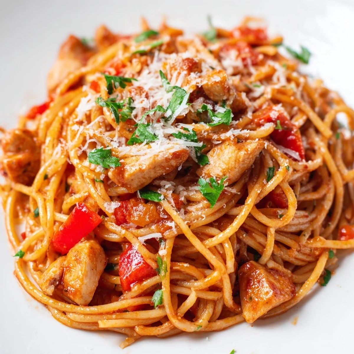 Golden Savory Instant Pot Chicken Spaghetti topped with fresh parsley and melted Parmesan cheese