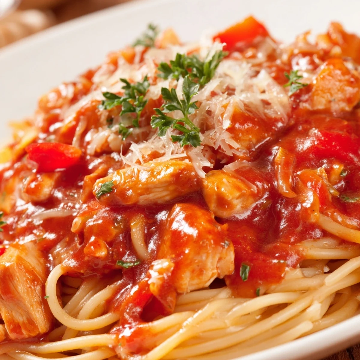 Comforting Savory Instant Pot Chicken Spaghetti featuring tender pasta in rich tomato sauce with chicken