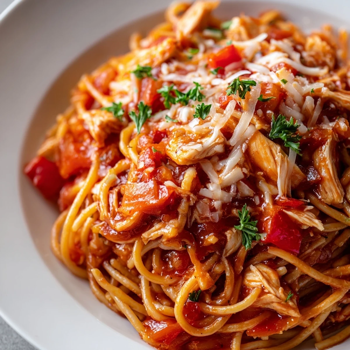 Savory Instant Pot Chicken Spaghetti dish showcasing spaghetti coated in flavorful sauce with diced bell peppers