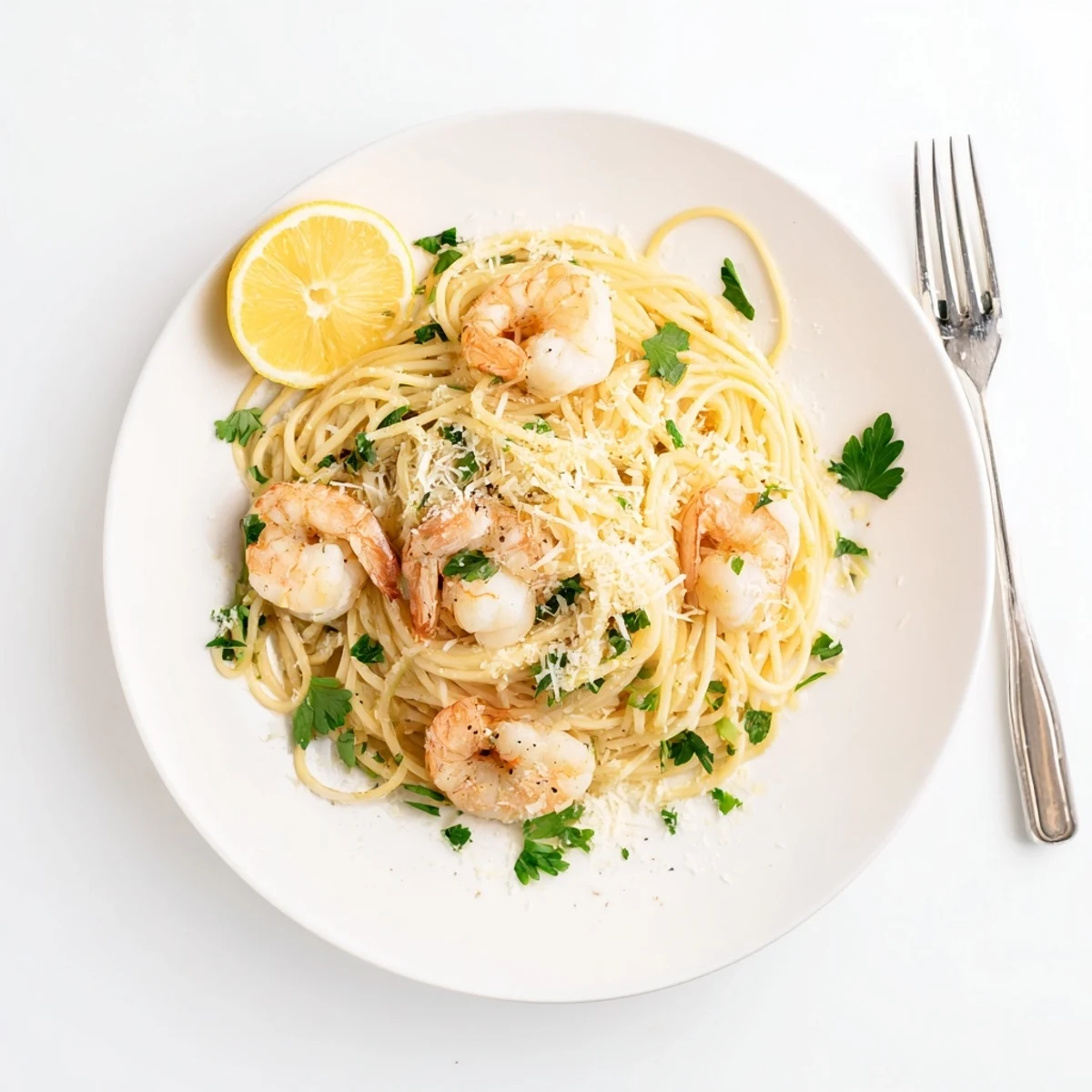 Golden shrimp scampi pasta coated in lemon garlic butter sauce with fresh parsley