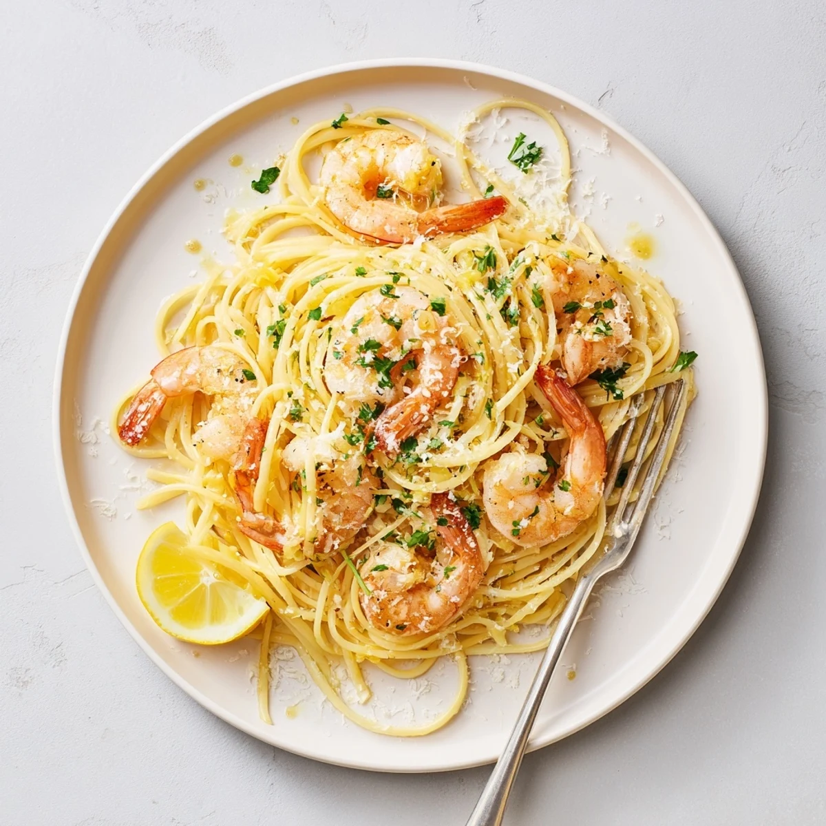 Steaming plate of al dente spaghetti with plump pink shrimp in white wine reduction