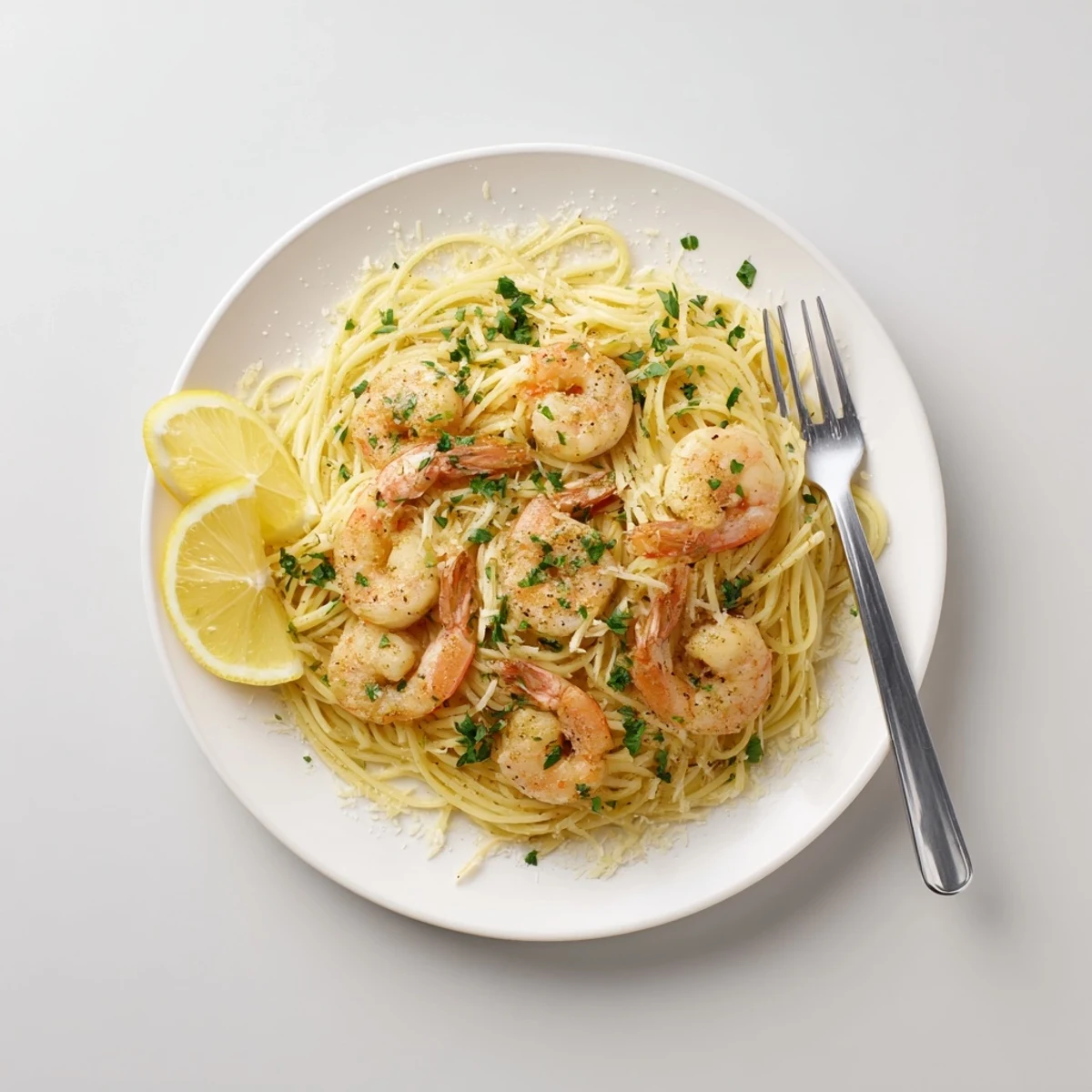 Close-up of tender shrimp tangled in pasta strands drizzled with bright citrus butter sauce