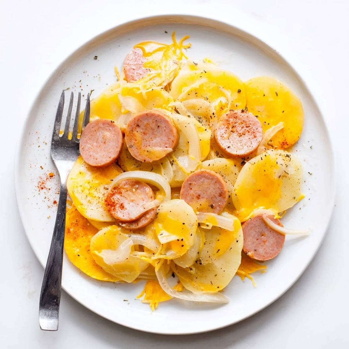 Golden cheesy slow cooker scalloped potatoes with sliced kielbasa bubbling in cream sauce