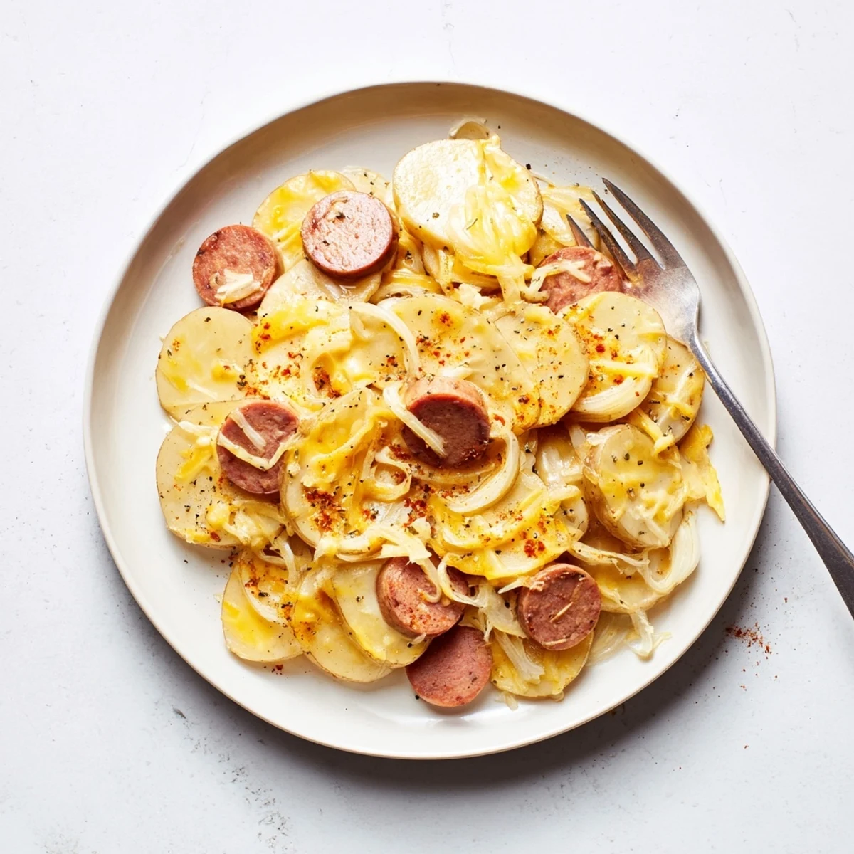 Comforting slow cooker scalloped potatoes kielbasa served steaming hot with rich cheese sauce coating