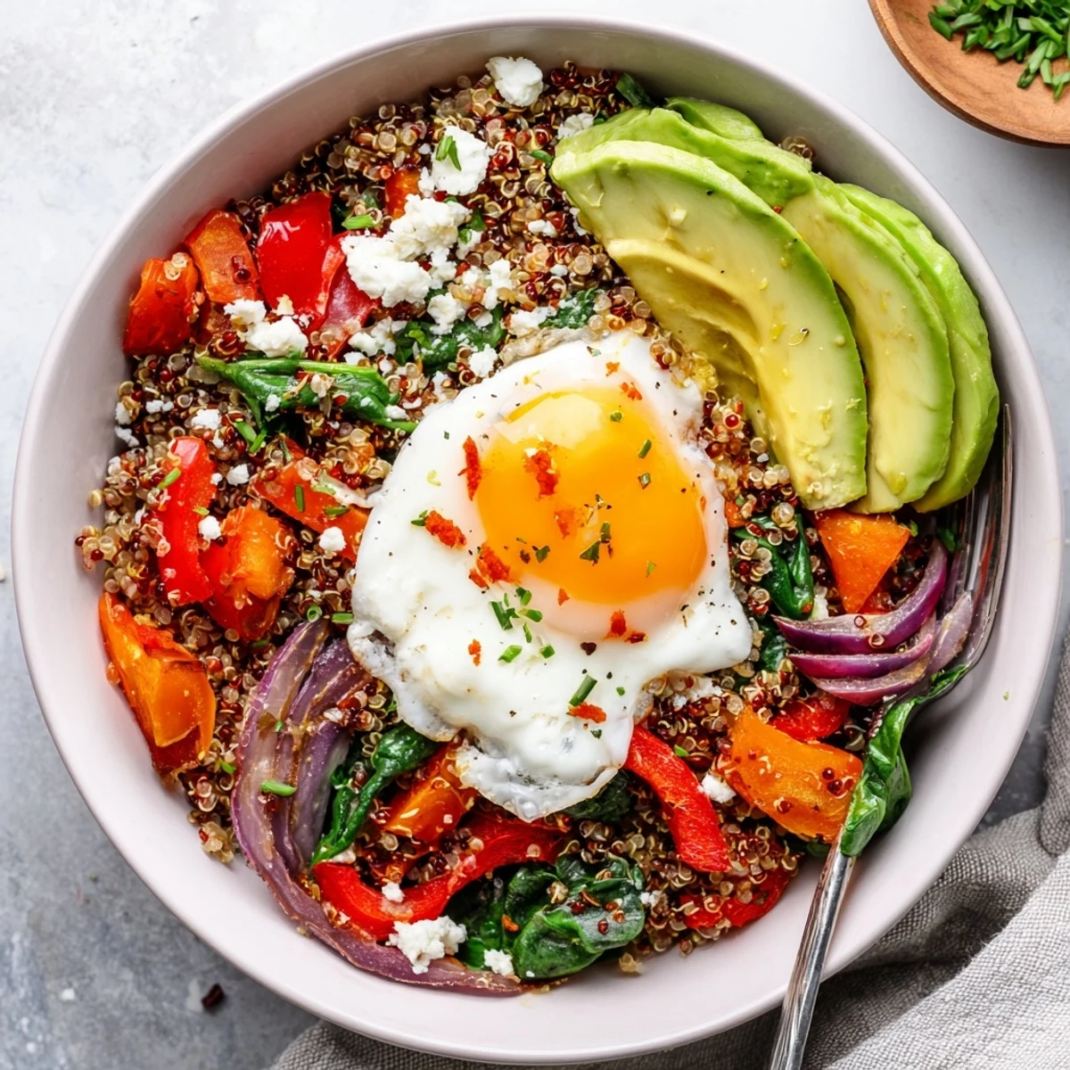 Golden fried egg atop fluffy quinoa breakfast bowl with colorful sautéed vegetables