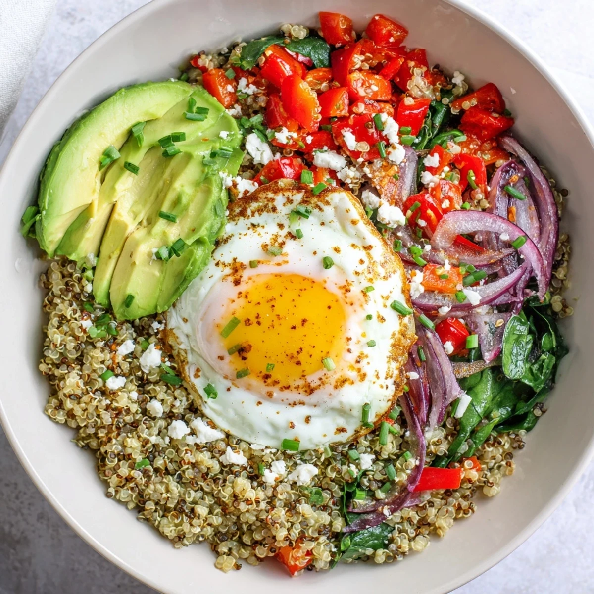 Hearty quinoa breakfast bowl with perfectly cooked egg vegetables and avocado slices