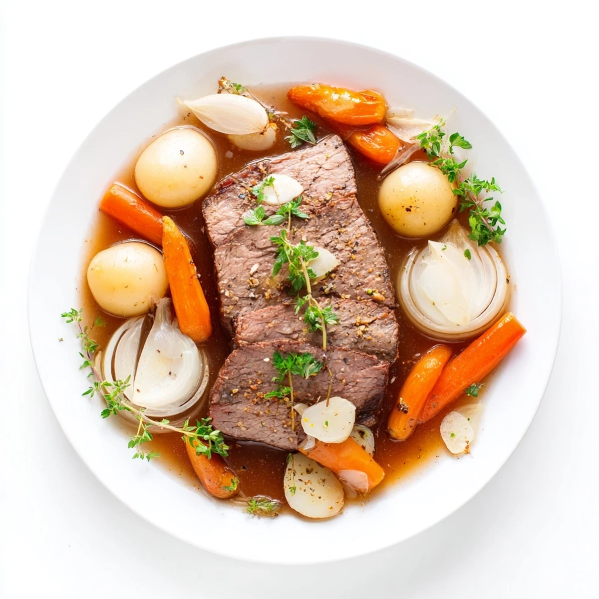 Tender slow cooker steak and potatoes with buttery baby potatoes and carrots in rich broth