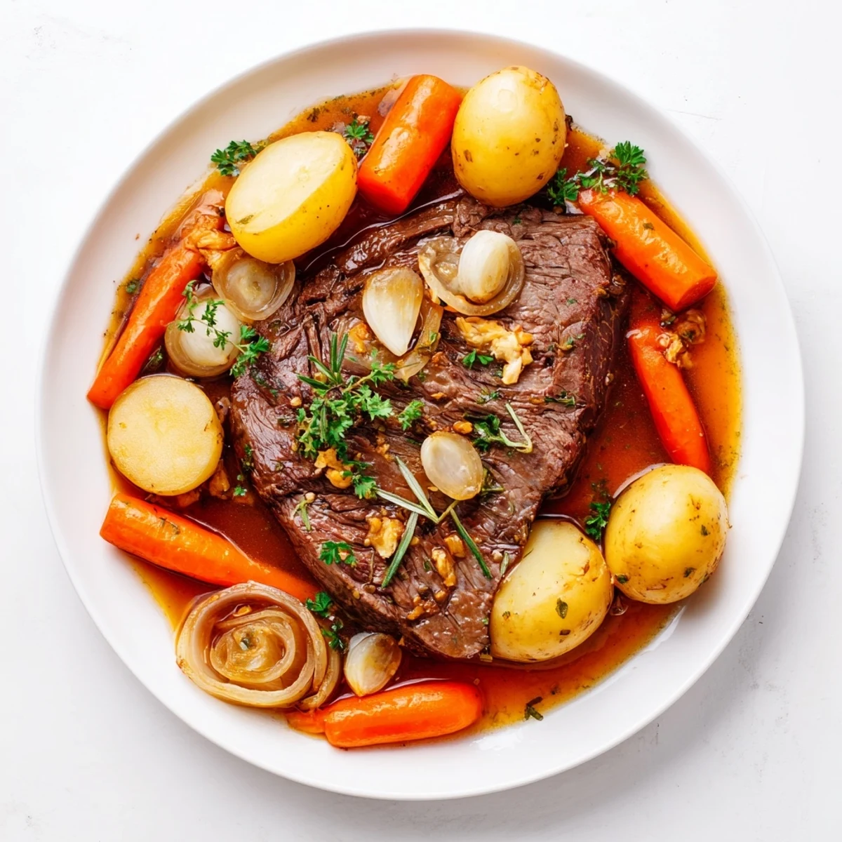Comforting slow cooker steak and potatoes plated with fork-tender meat and savory roasted vegetables
