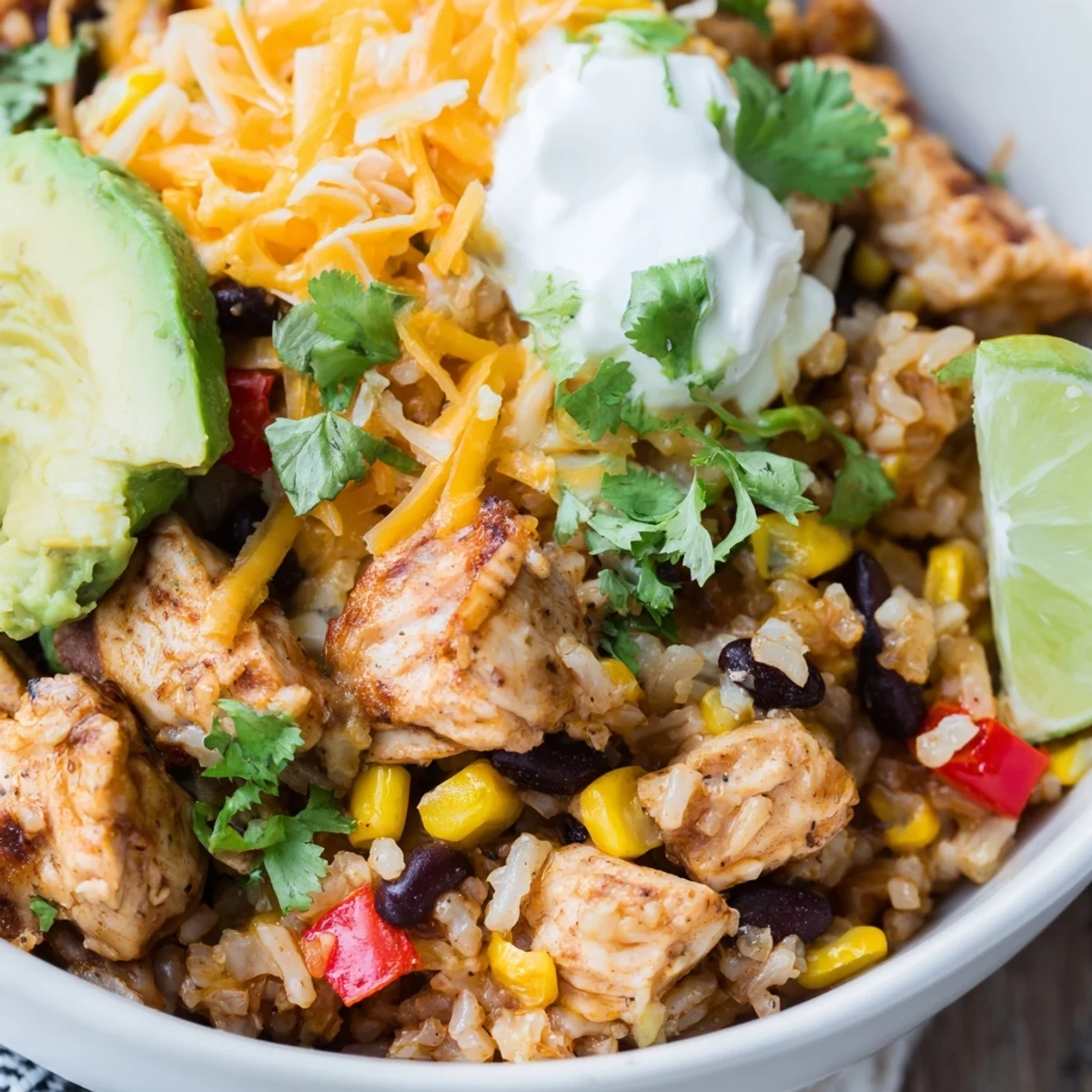 Golden Instant Pot chicken burrito bowls topped with melted cheese, creamy avocado, and fresh cilantro