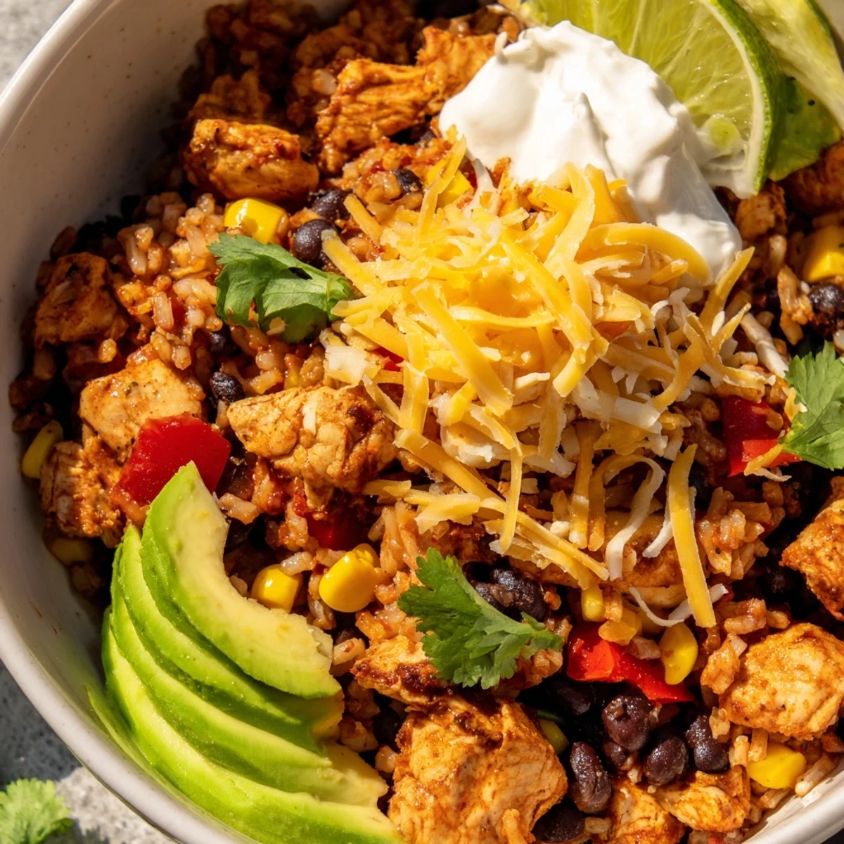 Heaping bowl of chicken burrito bowls featuring fluffy rice, black beans, corn, and tender spiced chicken
