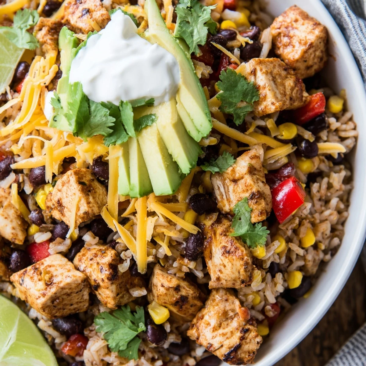 Colorful chicken burrito bowls served with sour cream, lime wedges, and zesty Mexican seasonings