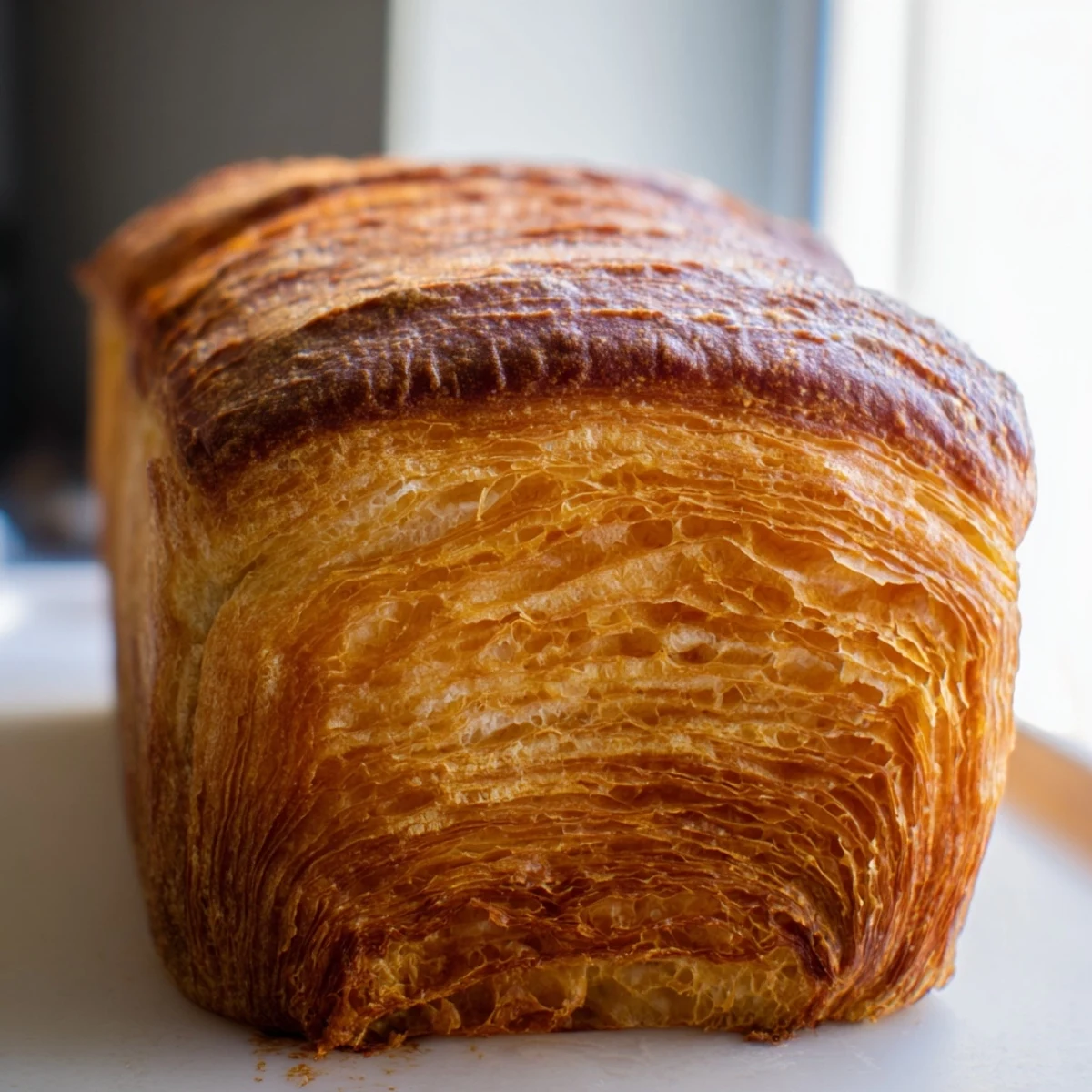 Golden brown homemade croissant bread loaf with flaky layers brushed with egg wash