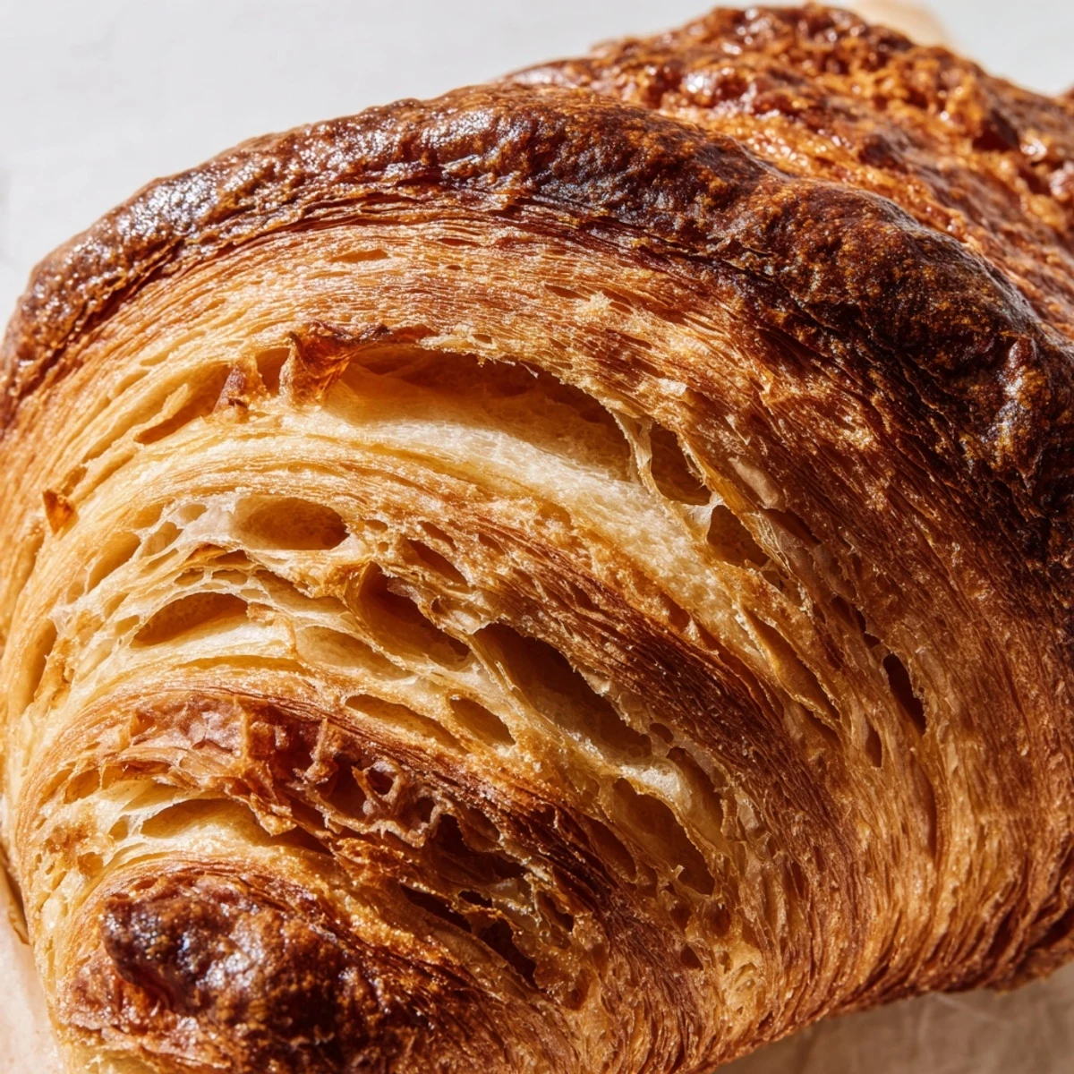 Sliced homemade croissant bread revealing buttery tender layers perfect for breakfast or brunch