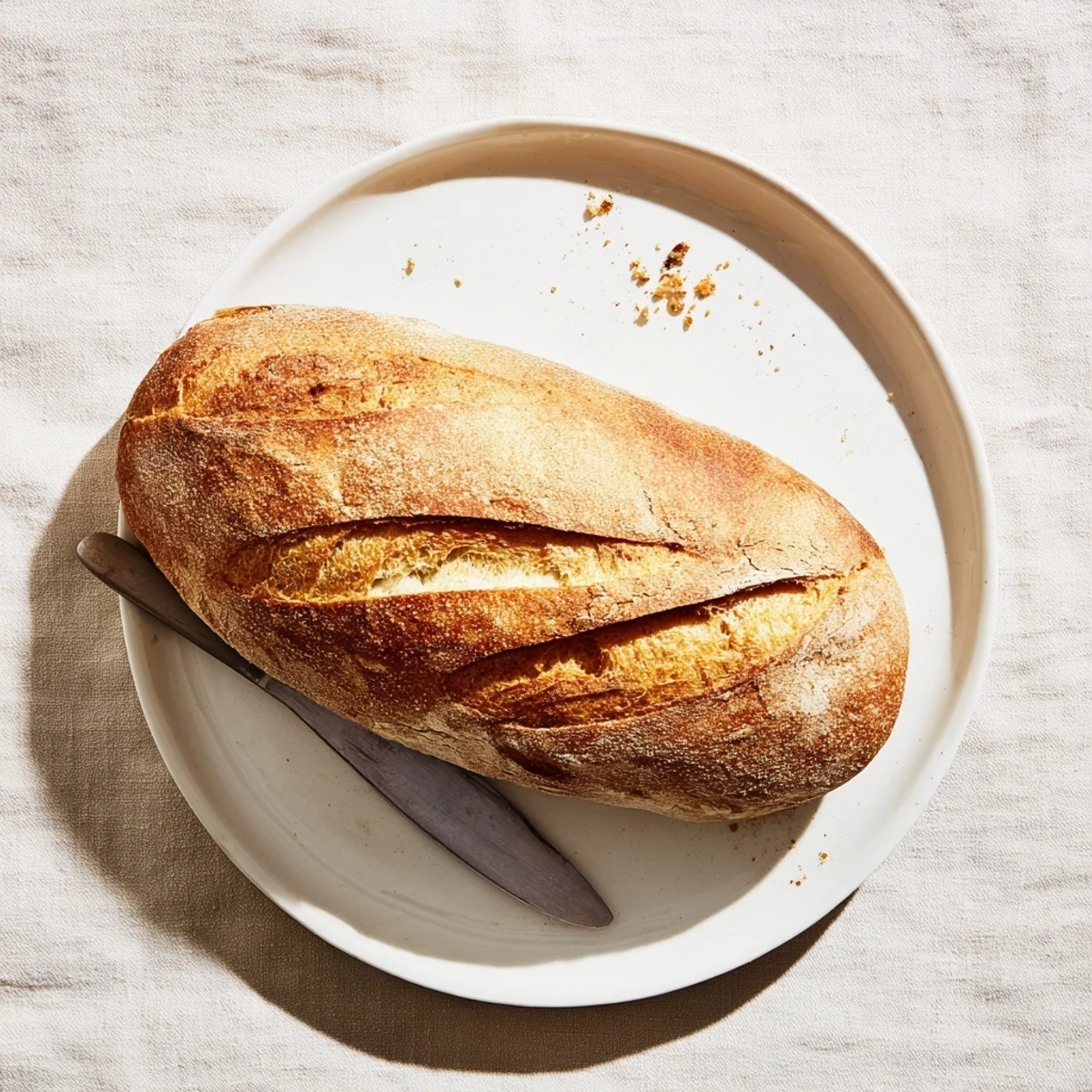 Homemade crusty Italian bread sliced open revealing chewy interior and airy crumb structure