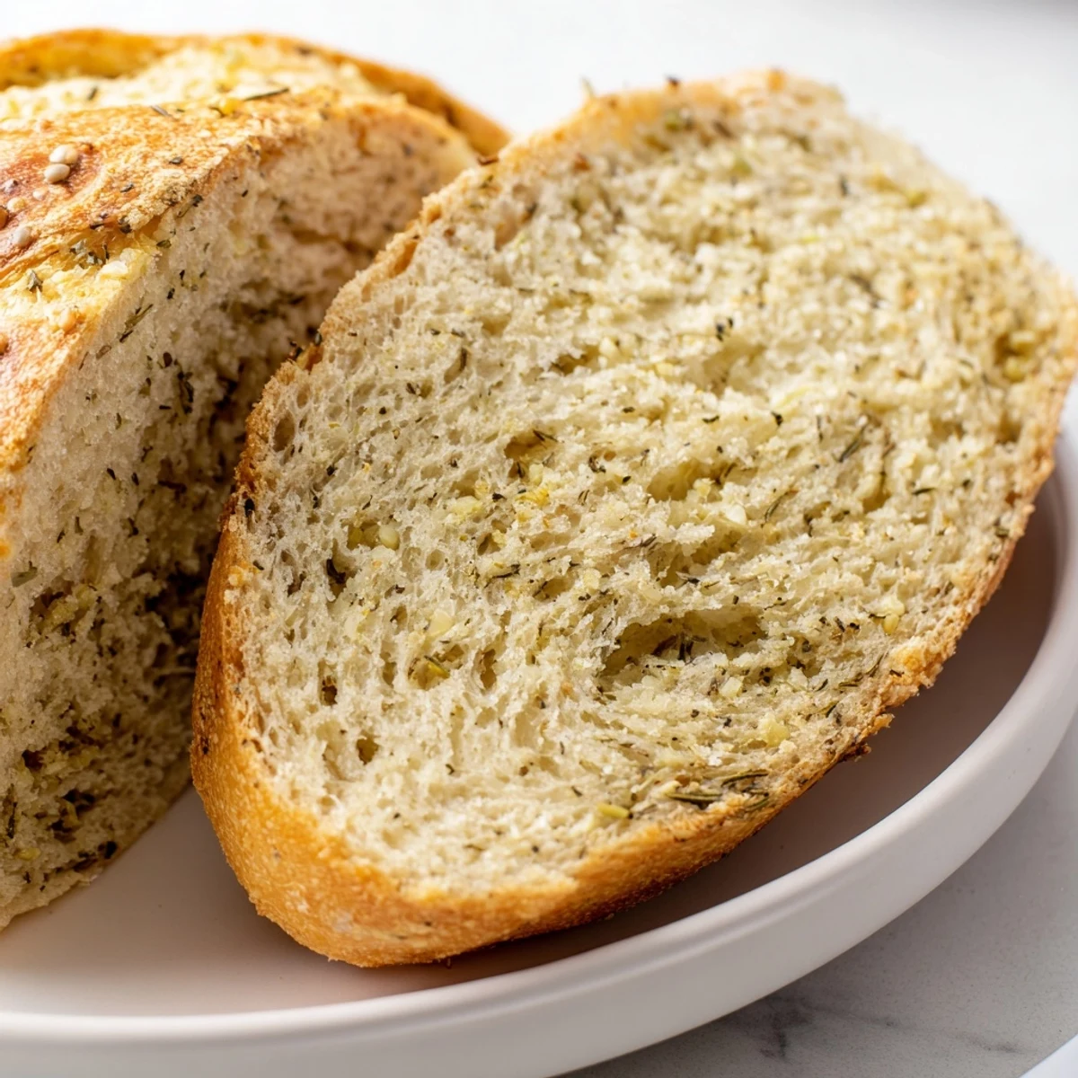 Golden brown garlic herb Dutch oven bread with crisp crust and tender interior