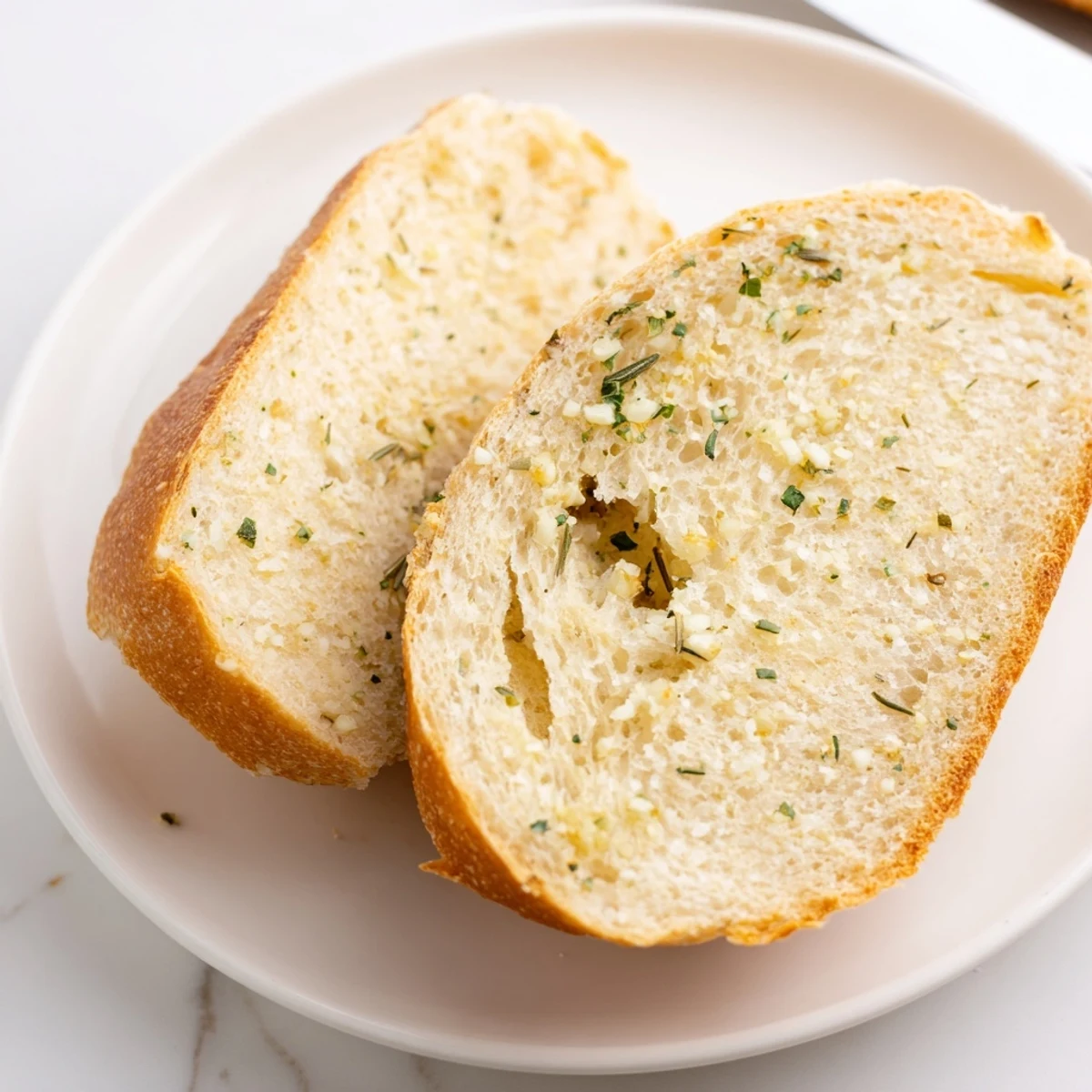 Rustic artisan loaf baked in Dutch oven topped with fresh aromatic herbs and garlic