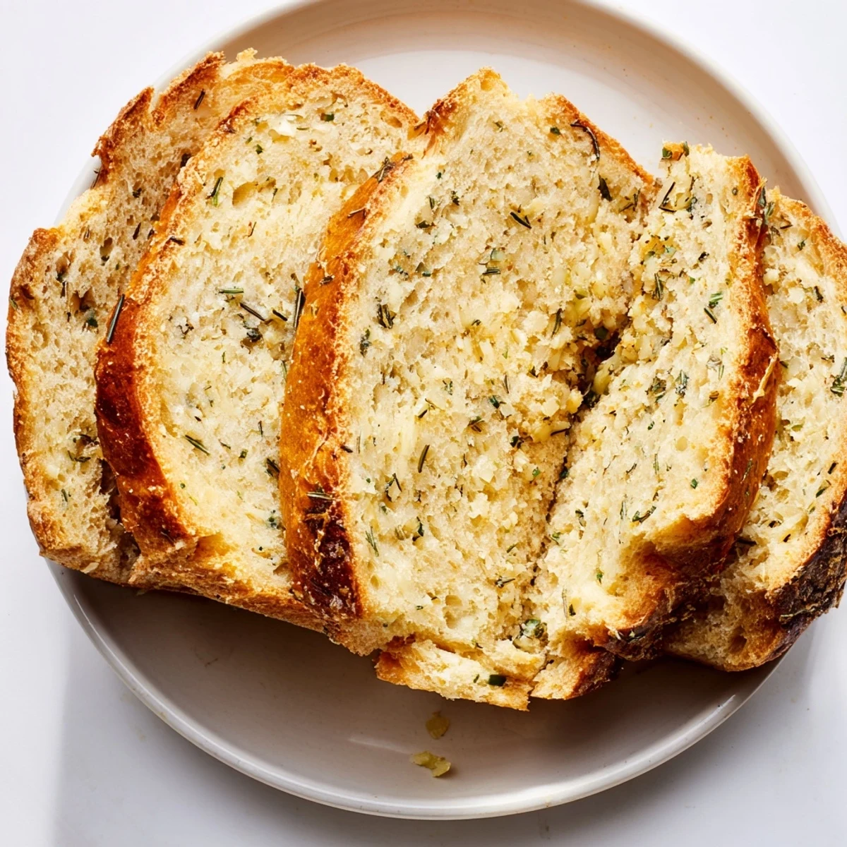 Warm homemade garlic herb Dutch oven bread sliced on wooden board with melted butter