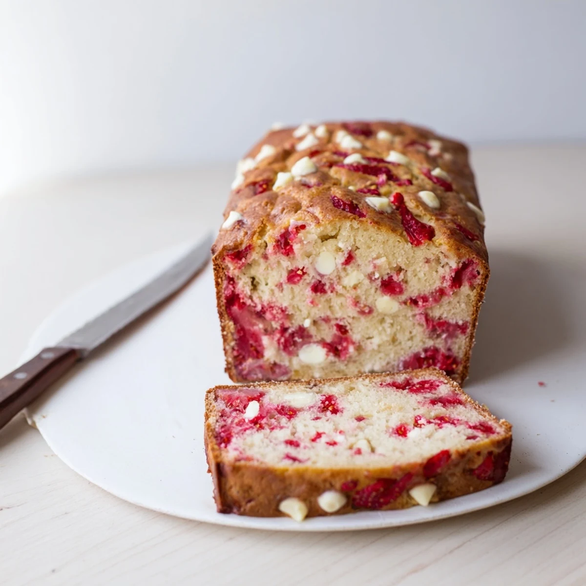 Thick slice of tender sourdough white chocolate chips strawberry bread topped with melting chips