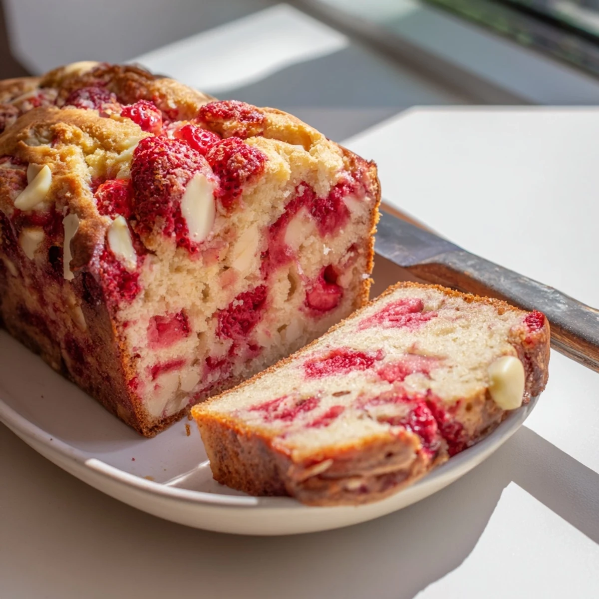 Golden brown sourdough white chocolate chips strawberry bread loaf studded with juicy red berries
