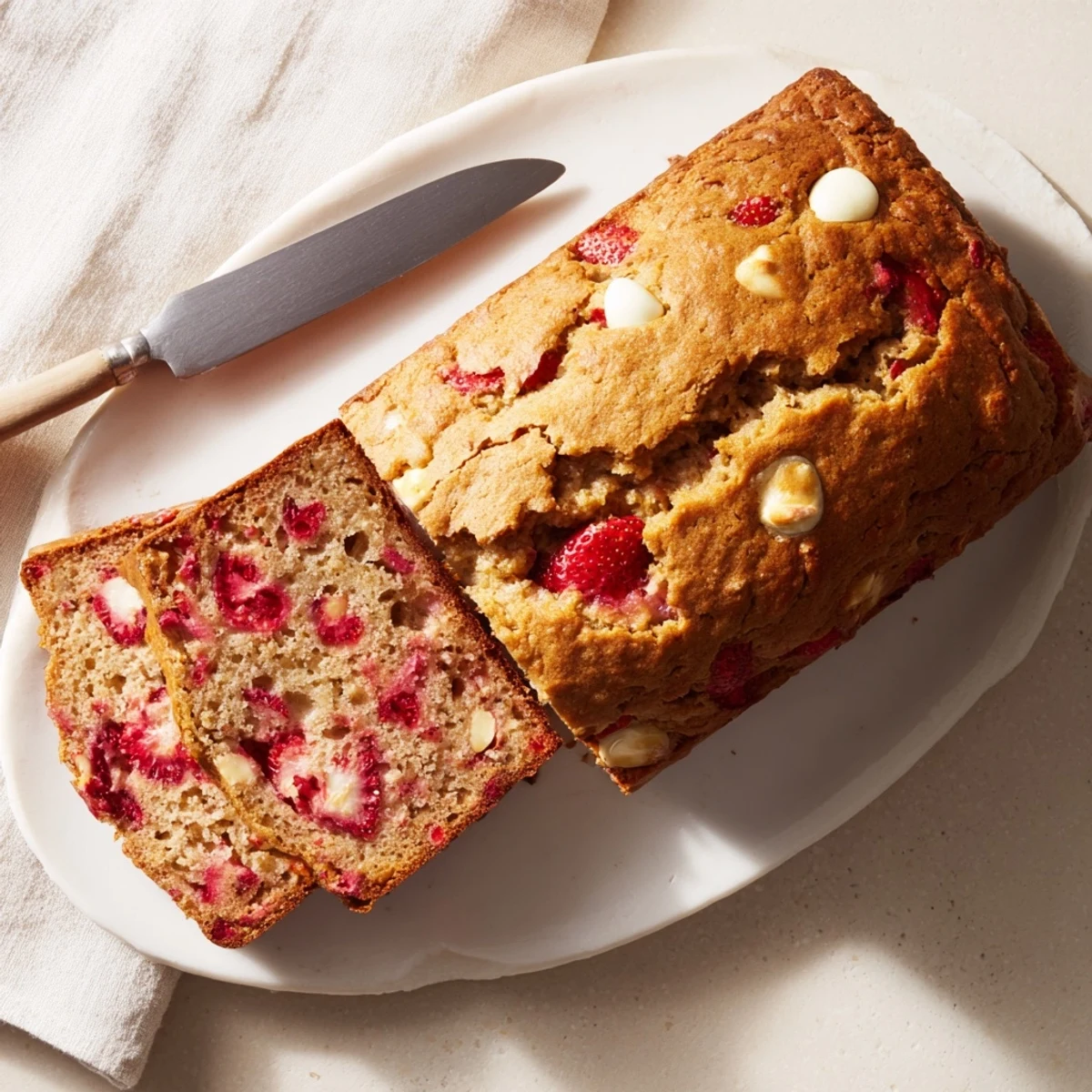 Freshly baked sourdough white chocolate chips strawberry bread cooling on wire rack with golden crust