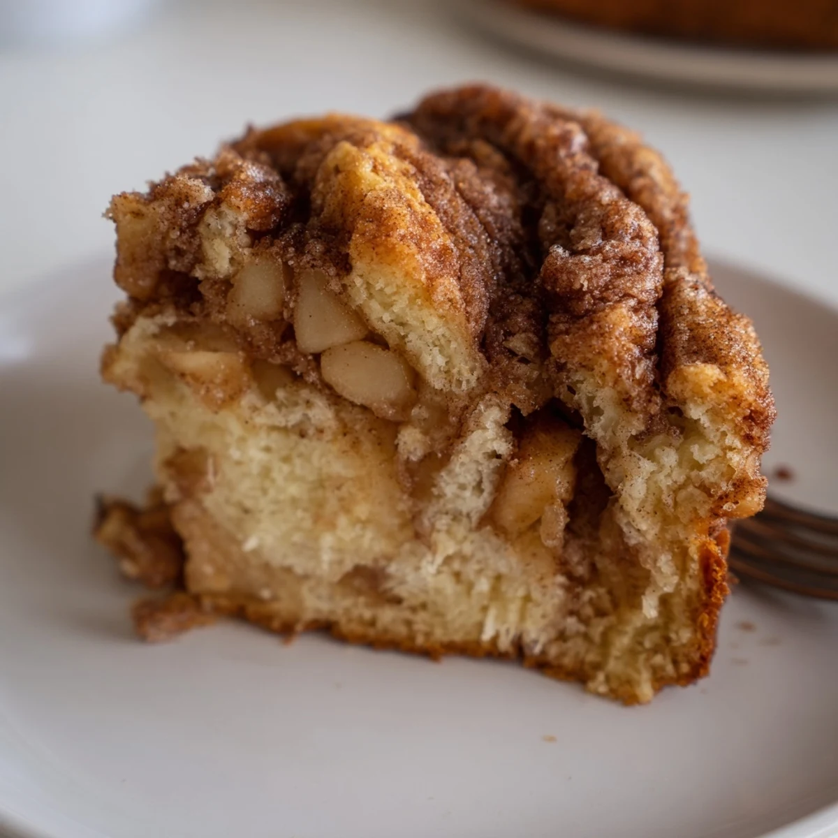 Golden cinnamon apple bread loaf with cinnamon sugar swirl and tender diced apple pieces