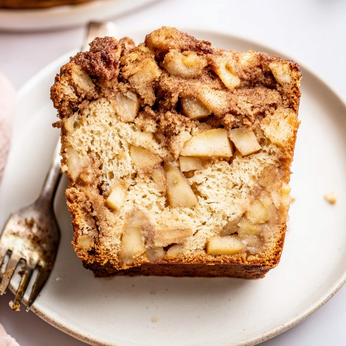 Freshly sliced cinnamon apple bread revealing moist interior with juicy apple chunks throughout