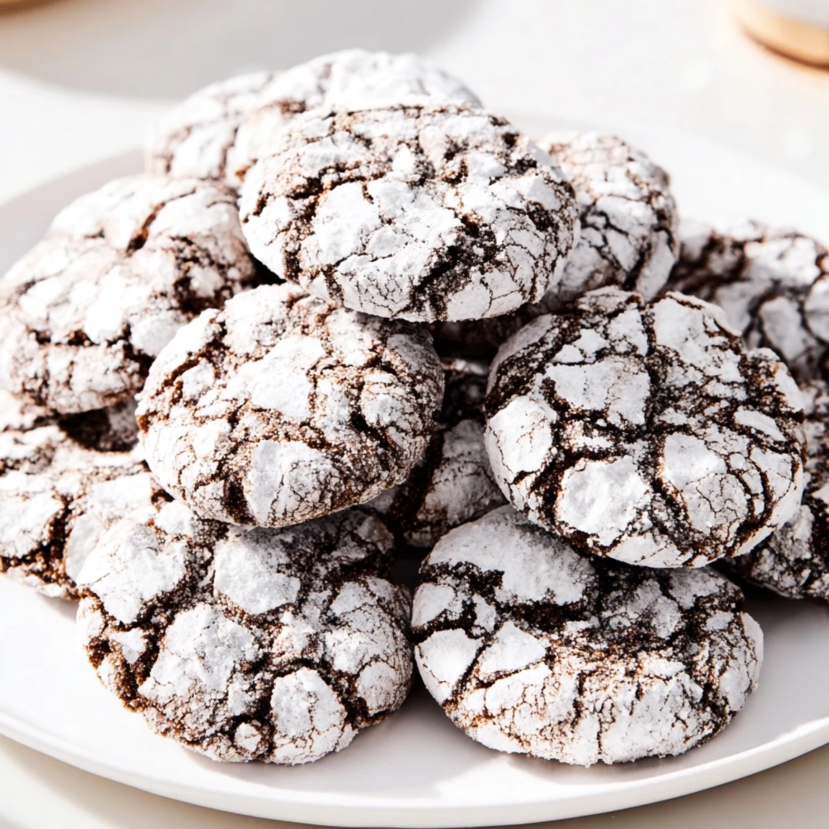 Soft gingerbread crinkle cookies with cracked tops and snowy powdered sugar coating
