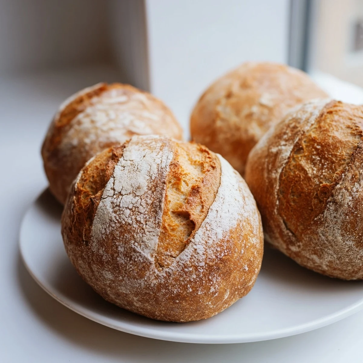 Golden crusty French bread rolls with flour-dusted tops and crispy exteriors