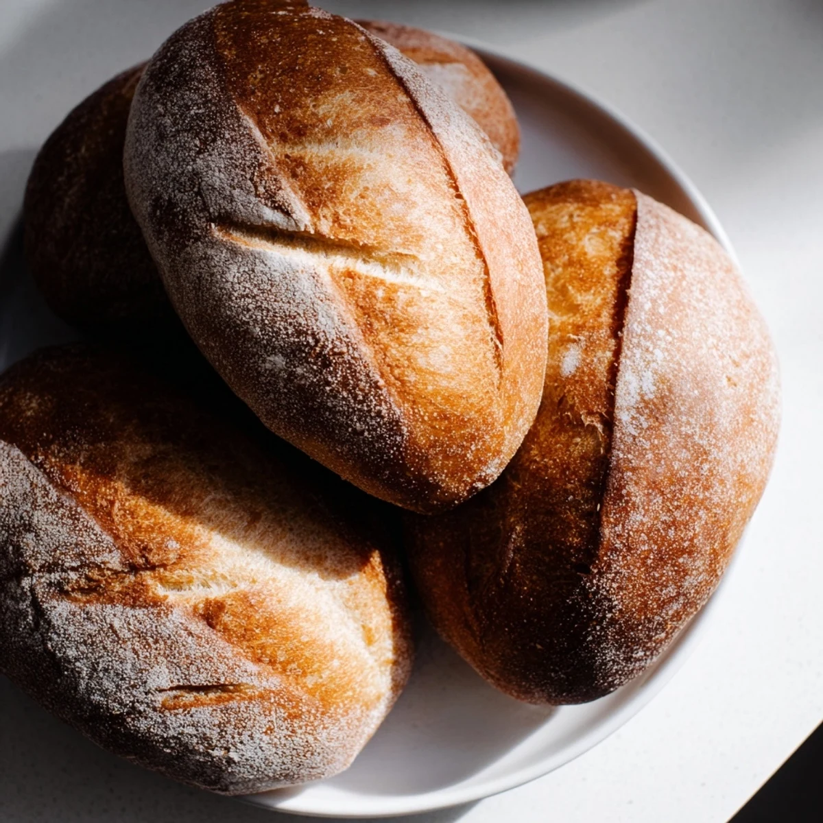 Freshly baked crusty French bread rolls featuring golden brown crackly surfaces