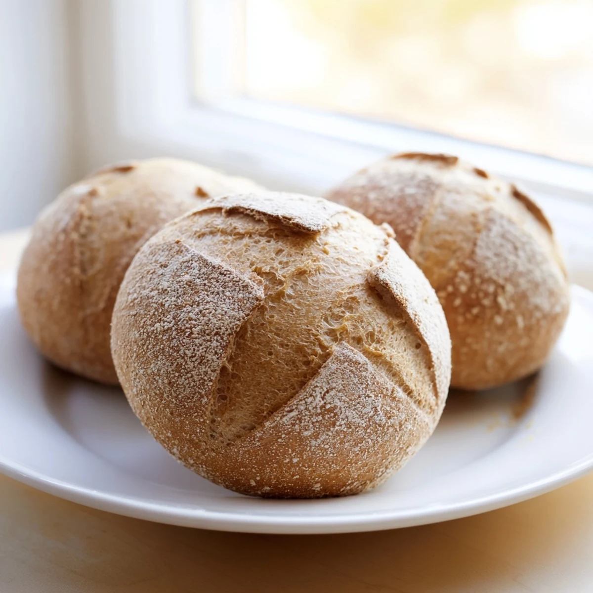 Warm homemade crusty French bread rolls served with melting butter on wooden board