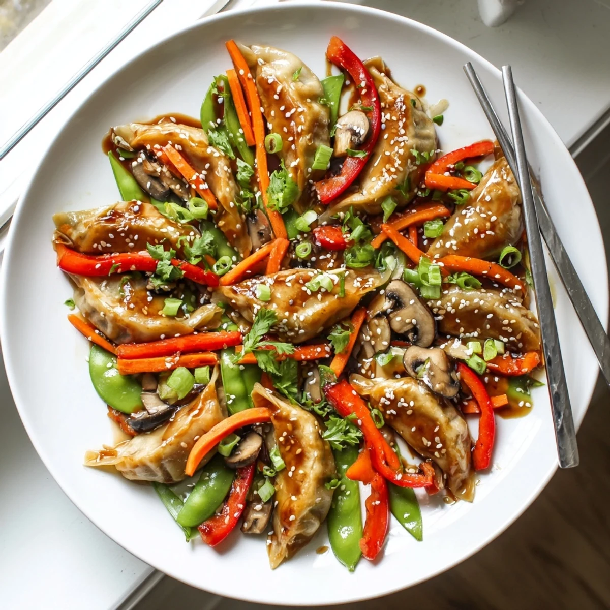 Golden potsticker stir fry with colorful vegetables tossed in savory soy ginger sauce