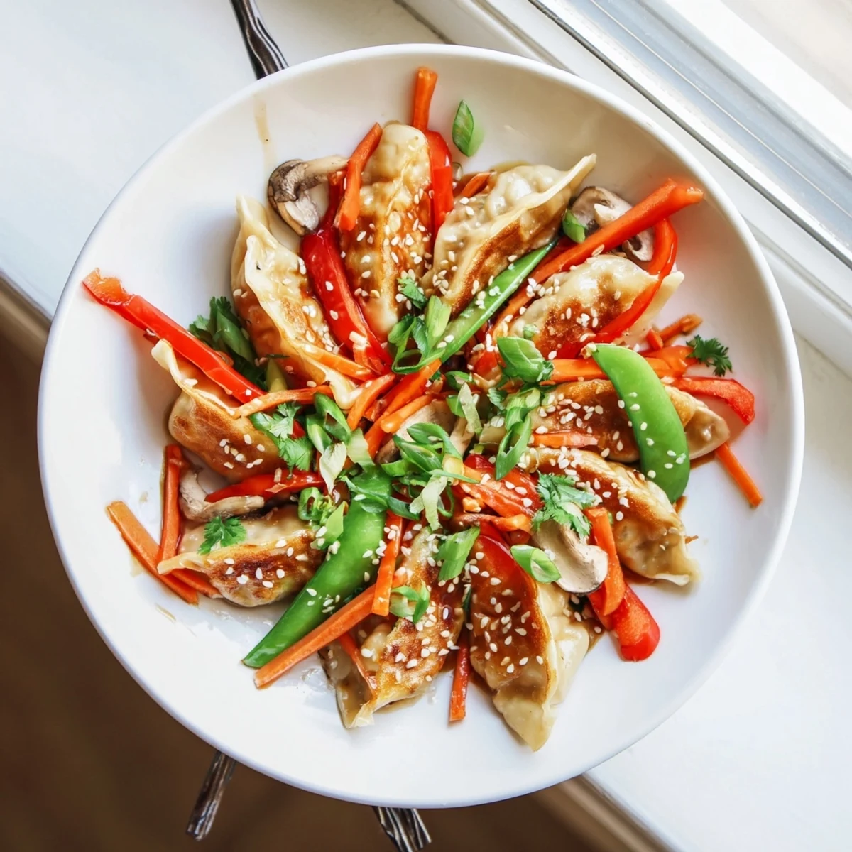 Steamy bowl of Asian fusion potsticker stir fry garnished with sesame seeds and fresh cilantro