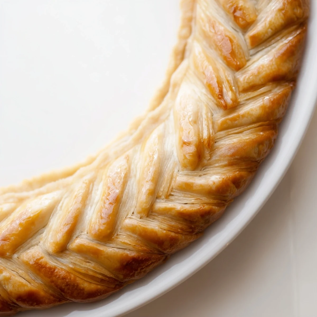 Golden brown Fishtail Braid Pie Crust woven around a fruit pie with flaky texture