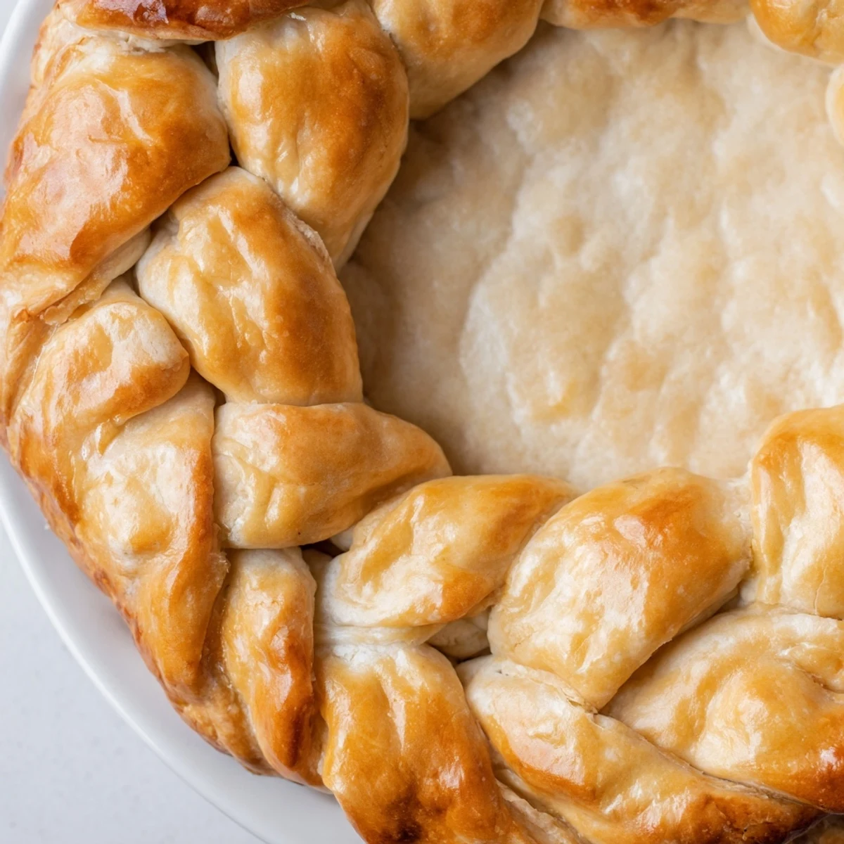 Intricate braided pastry edge adorns a homemade Fishtail Braid Pie Crust with egg wash finish